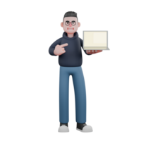 Technology 3D Illustrated. A male programmer is standing holding an open laptop in his left hand while his right hand is pointing at the laptop. Professional Male Programmer png