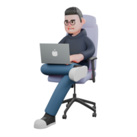 Male Programmer Tech Professional. A male programmer is sitting in his work chair with his right leg bent over his left leg while operating the laptop. 3D Cartoon png