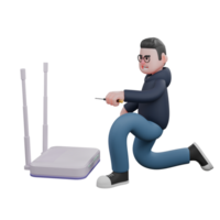 Professional Male in Programming. A male programmer is kneeling in front of a large WiFi router while his left hand holds a screwdriver. 3D Programmer Cartoon png