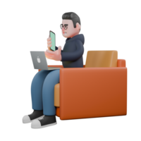 Male Programmer Character. A male programmer is sitting on a sofa with his laptop on his lap and his cellphone in his hand. 3D Coding Style png