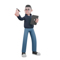 3D Illustrated of a Tech Expert. A male programmer is standing with his left hand holding a tablet and his two right fingers holding a pen. Male Programmer png