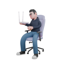 Cartoon Style Software Developer. A male programmer is sitting in his work chair with his right hand holding a WiFi router while his left hand holds a screwdriver. 3D Male png