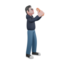Male Programmer in Software Setting. A male programmer is standing with both of his hands raised holding a sausage in front of his mouth. 3D Character png