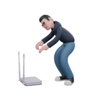 Illustrated Tech Professional. A male programmer is squatting in front of a WiFi router with both of his hands stretched forward. 3D Male Programmer png