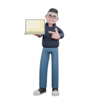 Male Tech Artist 3D Model. A male programmer is standing with his right hand pointing to his laptop screen while his left finger gives a gun symbol towards the laptop. Programmer Cartoon png