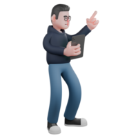 Male Programmer with Laptop. A male programmer is standing with his right hand holding a tablet while his left hand is raised forward while pointing. 3D Illustratede png