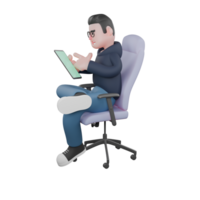Tech Service Provider 3D. A male programmer is sitting on a work chair with his right hand holding a tablet while his left finger operates it. Male Programmer Cartoon png