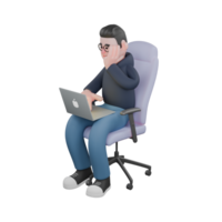 Animated Male Programmer. A male programmer is sitting on a gaming chair holding a laptop with his left hand holding his cheek and his right hand on top of the laptop. 3D IT Expert png