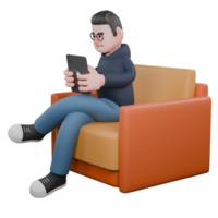 Illustrative 3D Male Programmer. A male programmer is sitting on a sofa with his legs crossed and both hands holding a tablet. Tech Leader png
