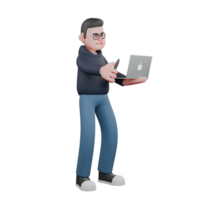 Professional Male Programmer in 3D. A male programmer is standing with his left hand carrying the laptop he is operating and his right hand holding a pen. IT Infrastructure Character png