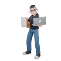 3D Model of Male Programmer7. A male programmer is standing with his right hand holding a note and his left hand holding an open laptop. Professional Developer png