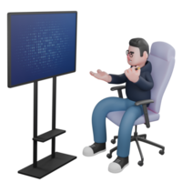 Programmer's Daily Task in 3D. A male programmer is sitting on a work chair in front of an LCD screen while extending his right palm and his left hand slightly raised holding a pen. Male Cartoon png