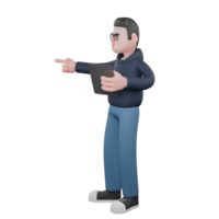 3D Male Programmer at Computer. A male programmer is standing holding a tablet in his left hand and pointing to the side with his right hand. Coding Task Cartoon png