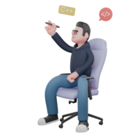 3D Tech Expert Programmer. A male programmer is sitting on a work chair with his right hand raised holding a pen and on the right and left sides above his head various formulas are visible. png