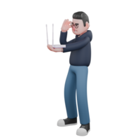 3D Professional in Programming. A male programmer is standing while his left hand is carrying a WiFi router while his right hand is holding the glasses he is wearing. Male Programmer png