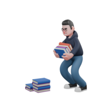Professional Male Programmer. A male programmer is squatting down to take 4 stacks of books from several stacks in front of him. 3D Tech Illustrated png