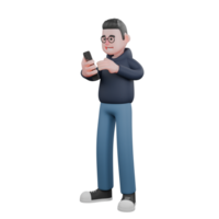 Male Tech 3D Animation. A male programmer is standing facing right holding a cellphone in his hands. Programmer png