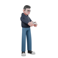 3D Male Programmer. A male programmer is standing facing left holding a game stick with both hands. Professional Tech Character png
