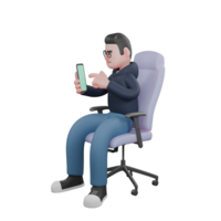 3D Tech Practitioner. A male programmer is sitting relaxed in his office chair while his left hand is holding a cellphone while his left index finger is operating it. Male Programmer png