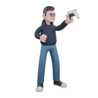 3D Male Programmer Character. A male programmer is standing while observing a game stick held in his left hand while his right hand is slightly bent forward. Tech Professional png