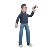 Animated Professional Programmer. A male programmer is standing while observing a game stick held in his left hand. 3D Male png