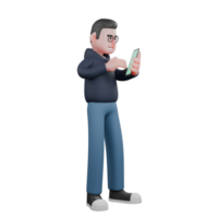 Cartoon Professional Programmer. A male programmer is standing facing left holding a cellphone in his left hand. 3D Male png