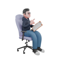 Male Programmer 3D. A male programmer is sitting in his office chair while his left hand is holding a clipboard while his right hand is giving a finger gun symbol facing forward. Tech Services png
