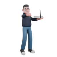 Male Programmer 3D Illustrated. A male programmer is standing holding a wifi router in his left hand. Professional png