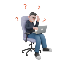 3D Male Programmer in Office. A male programmer is sitting between question mark symbols holding a laptop on his thigh and his left hand is on his head and his right hand is on the laptop. png