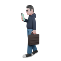 Tech Male Programmer. A male programmer walks holding a cellphone in his right hand and a briefcase in his left hand. 3D Professional Character png