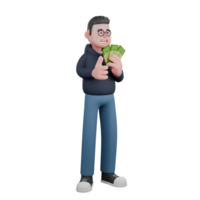 3D Male Programmer Character in Action. A male programmer stands holding money in his left hand and his right hand in front of his chest.Professional png