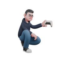 Male Programmer Illustrated in 3D. A male programmer is squatting holding a game stick in his left hand. Professional Tech png