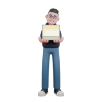 Professional 3D Tech. A male programmer is standing showing an open laptop with both hands. Male png