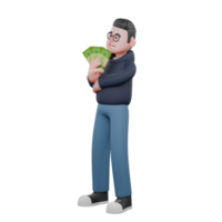 Male Programmer in Tech 3. A male programmer is standing holding money in his right hand in front of his body. Professional png
