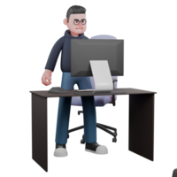 Male Programmer Professional Character. A male programmer stands in front of a desk with an angry expression. 3D Illustrated png