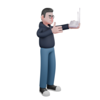 Tech Professional Male. A male programmer stands holding a wifi router in his left hand and his right hand in front of his chest. 3D Programmer Cartoon png
