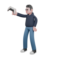 3D Tech Enforcement Male Programmer. A male programmer is standing with his left hand on his waist and his right hand extended forward holding a game stick. Professional png