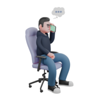 Professional Male Tech Character. A male programmer is sitting on a gaming chair with a speech bubble next to his head and holding a cellphone in his left hand. 3D Programmer png