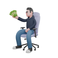 Professional 3D Male Programmer. A male programmer is sitting on a gaming chair holding money in his right hand and his left hand is on his left thigh. Tech Character png
