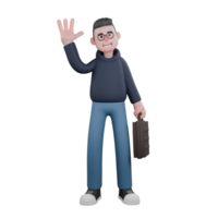 3D Model of Professional Male Programmer. A male programmer stands holding a briefcase in his left hand and his right hand raised as if greeting. Tech Character png