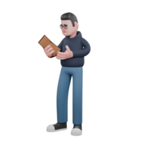 3D Programmer Male in Professional Setting. A male programmer is standing with his right hand carrying a wallet and his left hand raised as if he wants to take something in the wallet. Tech png