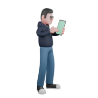 3D Male Programmer Tech Illustrated. A male programmer is standing with his left hand holding a tablet while his right hand operates it. Professional png