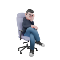 A male programmer is sitting on a work chair with his legs crossed and his left palm supporting his head while his right hand is on his knee, as if he is sad or imagining something. 3D Male Programmer png
