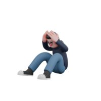 Professional Tech Male. A male programmer is sitting without a mat with both legs bent forward and both hands holding his head, as if he is panicking or having a headache. 3D Programmer Illustrated png