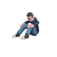 Male Programmer 3D Professional. A male programmer is sitting with his head down with both legs bent in front of him and both hands resting on his knees, as if he is sad or regretful. Tech Cartoon png
