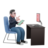 3D Male Programmer. A male programmer is sitting on his desk chair with a monitor screen on top and his left hand is holding a tablet while his right hand is pointing towards the monitor screen. png
