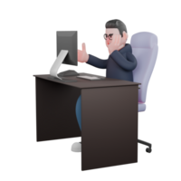 Male Programmer at Tech 3D. A male programmer is sitting on his work chair and his right hand is visible on the table and his left hand is on his cheek. Professional Character png