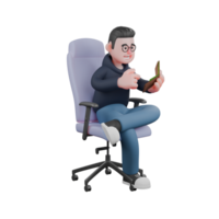 Illustrateed of 3D Male Programmer. A male programmer is sitting on a gaming chair with his left leg on top of his right leg and holding a wallet containing money in his left hand. png