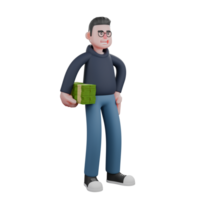 Male Tech Professional in 3D. A male programmer is standing with his right hand carrying various stacks of money and his left hand on his waist. Programmer Cartoon png