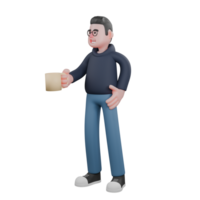 Male Programmer in 3D Professional Tech. A male programmer is standing while his right hand is carrying a glass cup while his left hand is on his waist. Cartoon png